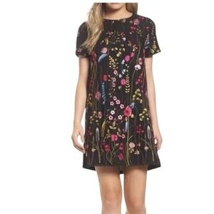 Felicity Coco Rose Embroidered Shift Dress Black Colorful Women Size Medium‎